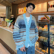 Winter Stripe Cardigan Sweater Knit Men Loose Couple Jumper