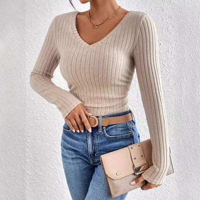 V-neck Long-sleeved Brushed Sunken Stripe Knitted T-shirt Top