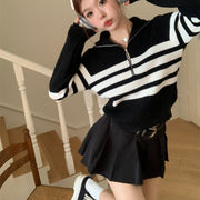 Contrast Color Striped Zipper Pullover Long Sleeve Sweater