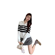 Contrast Color Striped Zipper Pullover Long Sleeve Sweater