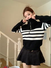 Contrast Color Striped Zipper Pullover Long Sleeve Sweater