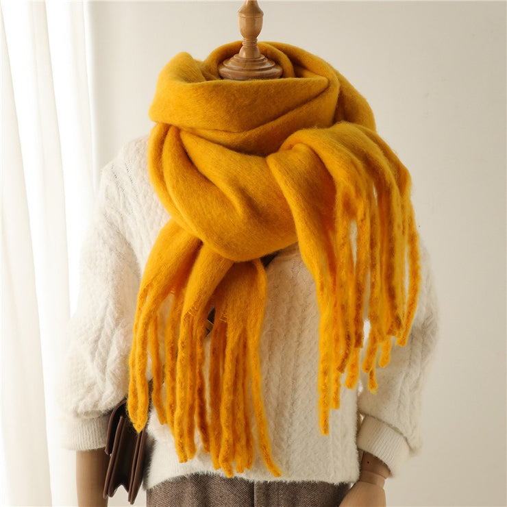 Mohair Scarf Solid Color Versatile Winter Warmth Lengthened Tassel Neck Scarf for Men and Women with Thick Beads Scarf