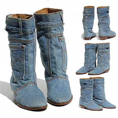 Low Heel Denim Casual Denim Boot Ladies Autumn Winter Cowboy Boots