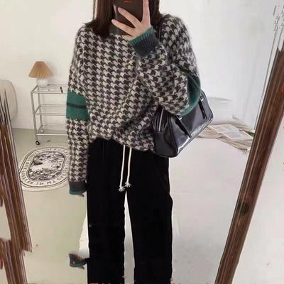 Winter new lazy style Japanese retro houndstooth sweater for women