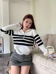 Contrast Color Striped Zipper Pullover Long Sleeve Sweater