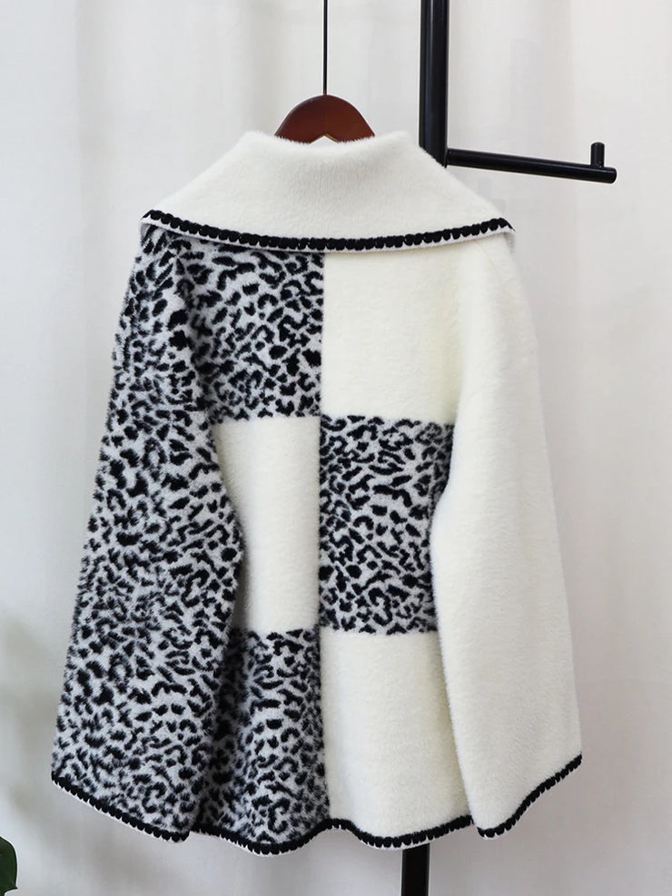 Thickened Leopard Print Winter Mink Cashmere Cardigan Coat Women