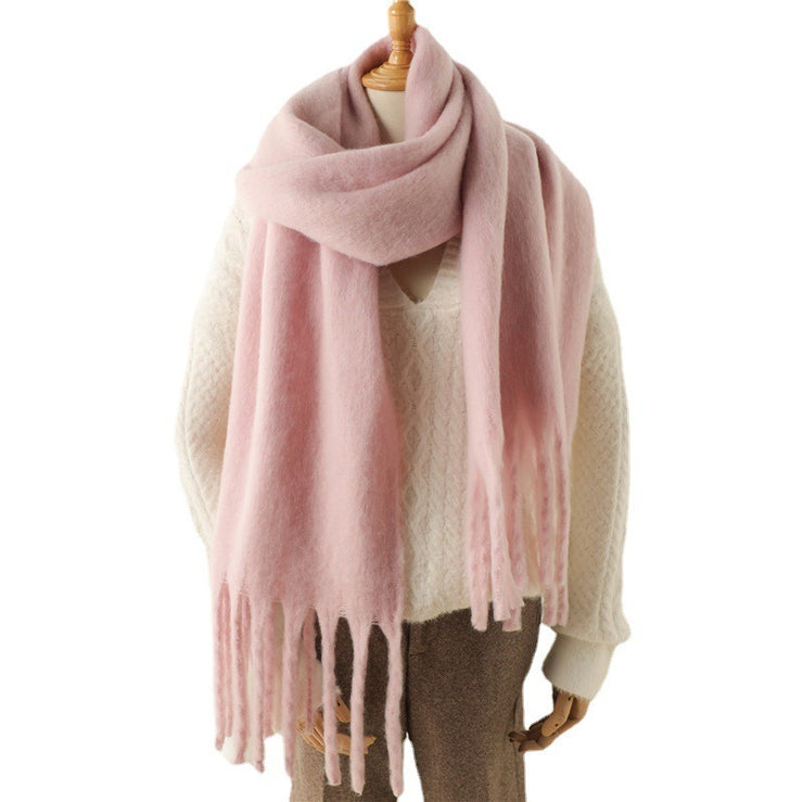 Mohair Scarf Solid Color Versatile Winter Warmth Lengthened Tassel Neck Scarf for Men and Women with Thick Beads Scarf