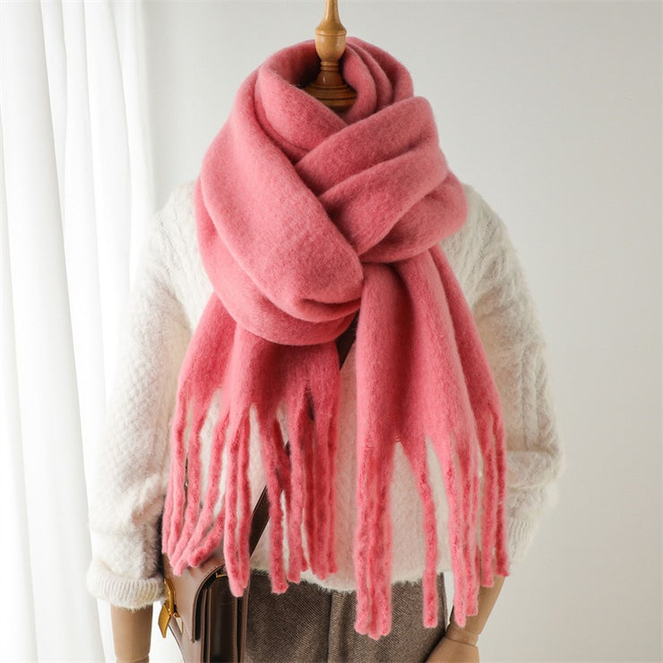 Mohair Scarf Solid Color Versatile Winter Warmth Lengthened Tassel Neck Scarf for Men and Women with Thick Beads Scarf