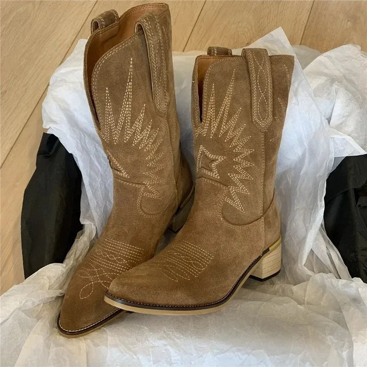 Women Western Boots  Autumn Winter Embroidery Flower