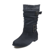 Women Winter Buckle Strap Pu Leather Chunky Heels