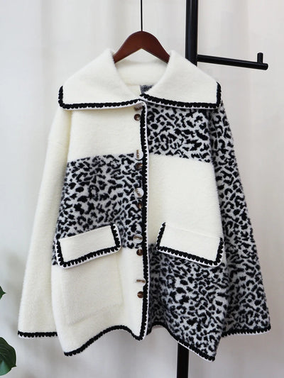 Thickened Leopard Print Winter Mink Cashmere Cardigan Coat Women