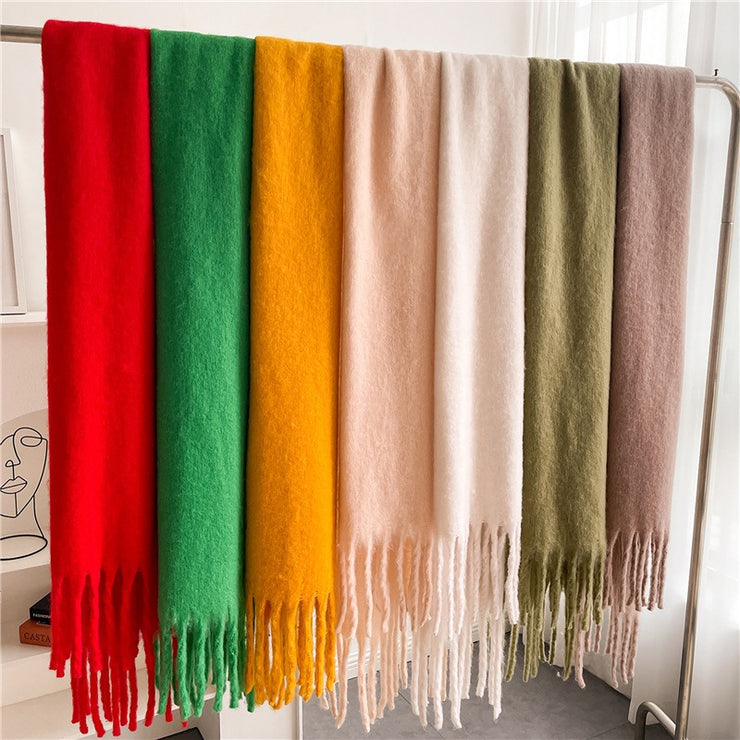 Mohair Scarf Solid Color Versatile Winter Warmth Lengthened Tassel Neck Scarf for Men and Women with Thick Beads Scarf