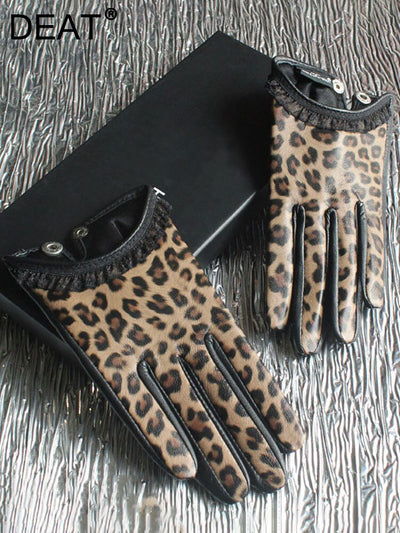 Fashion Women's Short Leather Gloves Lace Edge Leopard Sheepskin