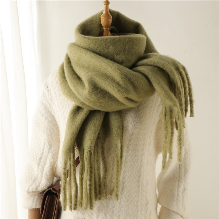 Mohair Scarf Solid Color Versatile Winter Warmth Lengthened Tassel Neck Scarf for Men and Women with Thick Beads Scarf