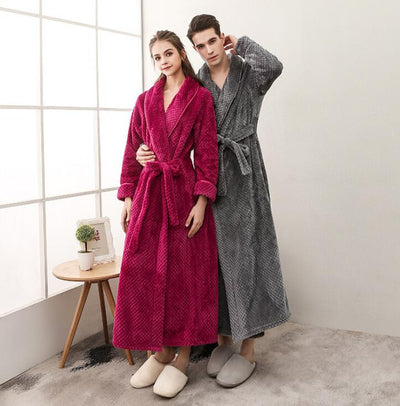 Winter Male Femlae Bathrobe Flannel Thick Robe Long Sleeve Soft Warm