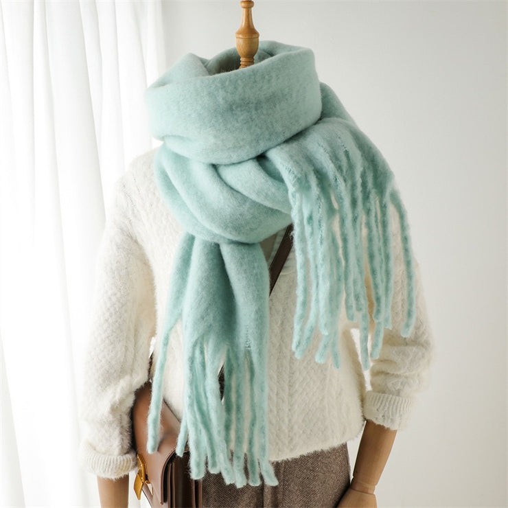 Mohair Scarf Solid Color Versatile Winter Warmth Lengthened Tassel Neck Scarf for Men and Women with Thick Beads Scarf