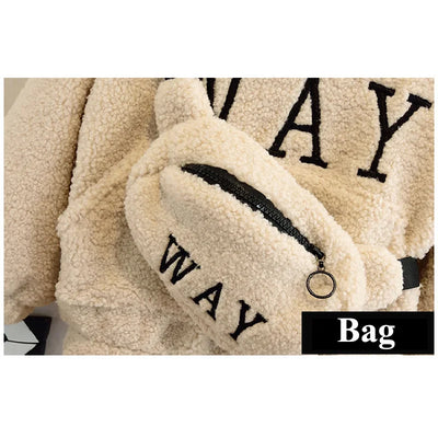 Boys Girls Sweatshirts with Bag Winter Wool Thick Children Hooded Long Sleeves