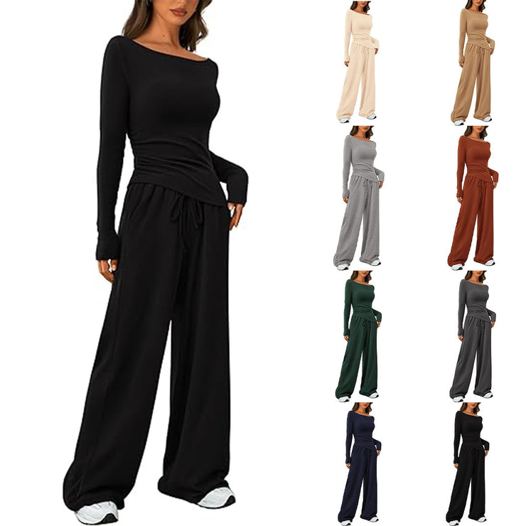 Casual Suit Asymmetric Long-sleeved T-shirt Wide-leg Pants Sportswear