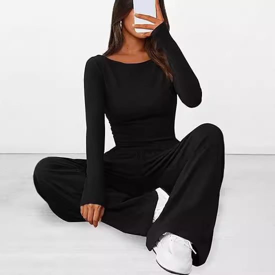 Casual Suit Asymmetric Long-sleeved T-shirt Wide-leg Pants Sportswear